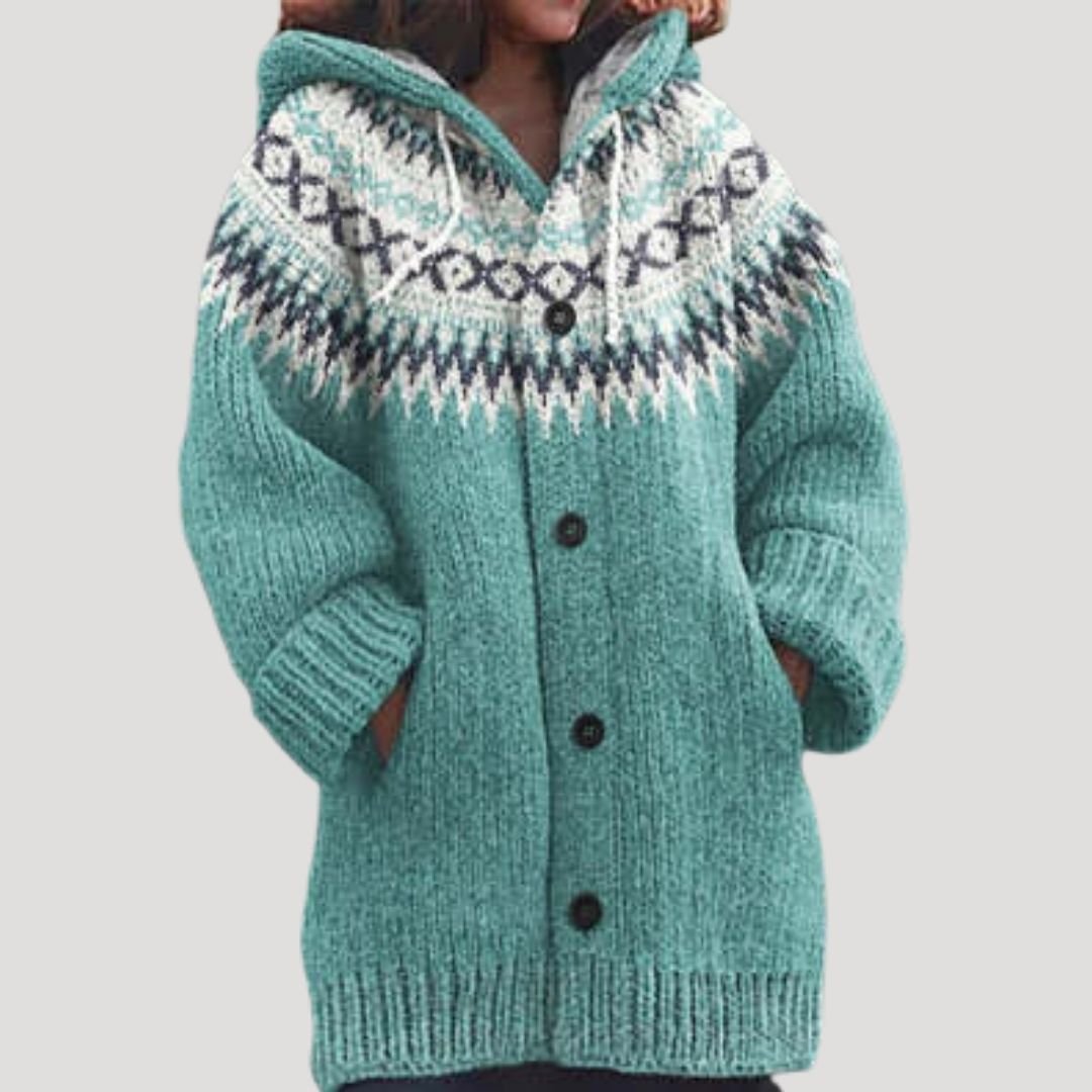 Casaco de malha feminino com padrão Fair Isle e capuz regular fit
