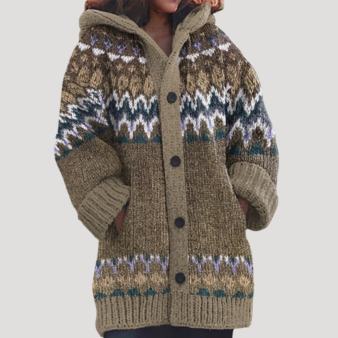 Casaco de malha feminino com padrão Fair Isle e capuz regular fit