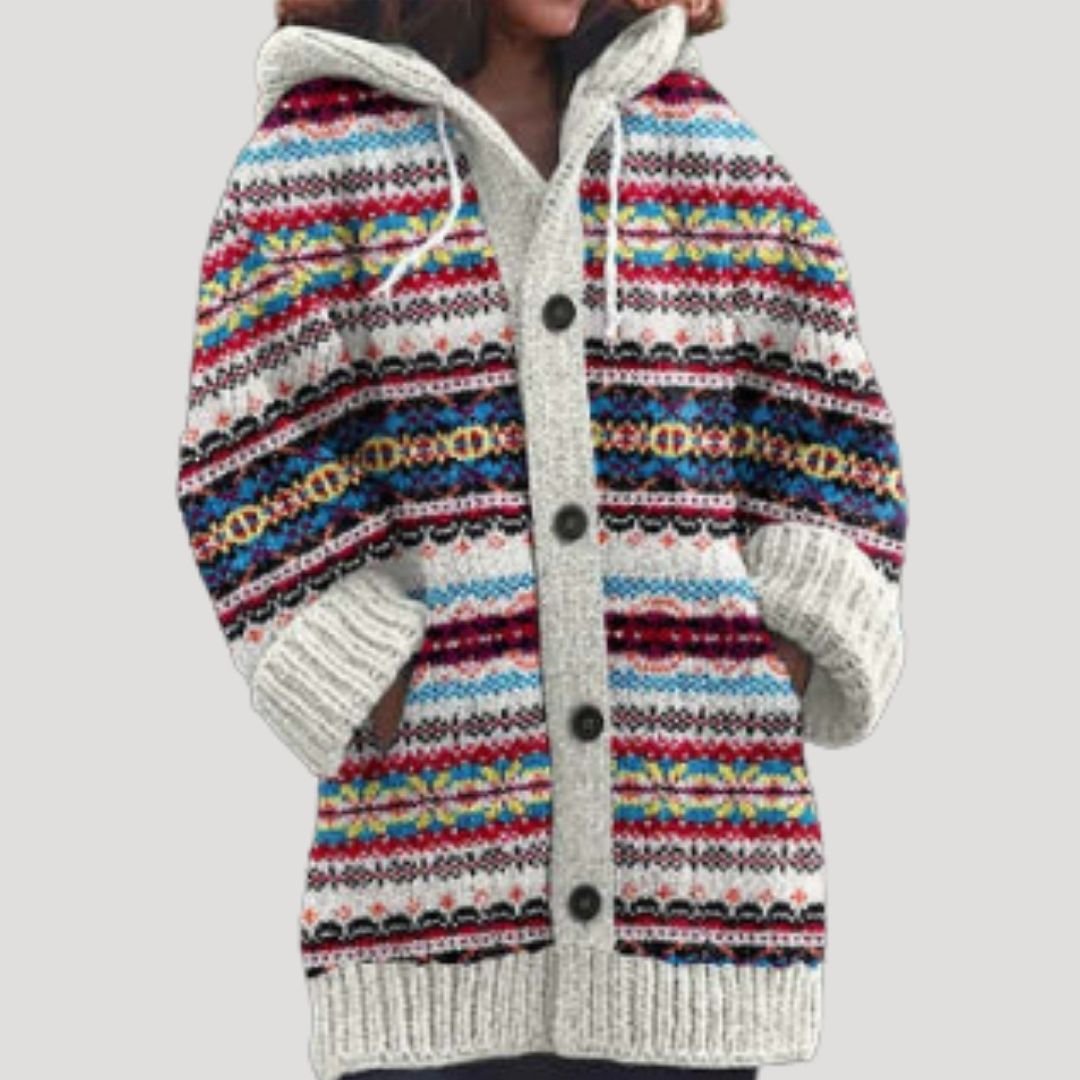 Casaco de malha feminino com padrão Fair Isle e capuz regular fit