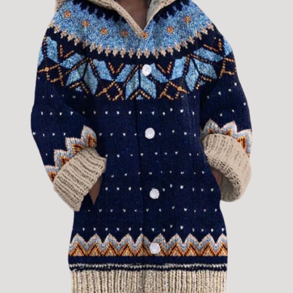 Casaco de malha feminino com padrão Fair Isle e capuz regular fit