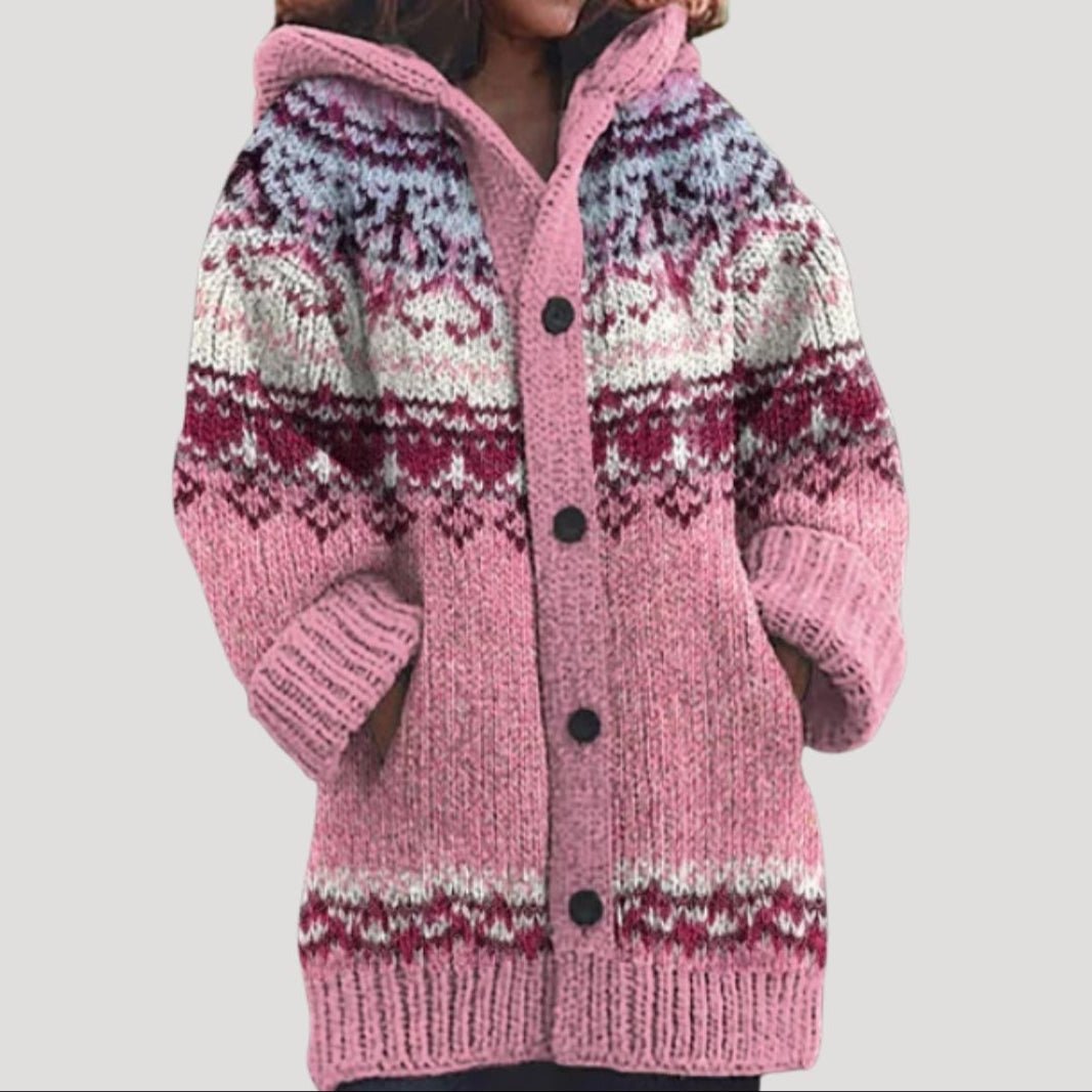 Casaco de malha feminino com padrão Fair Isle e capuz regular fit
