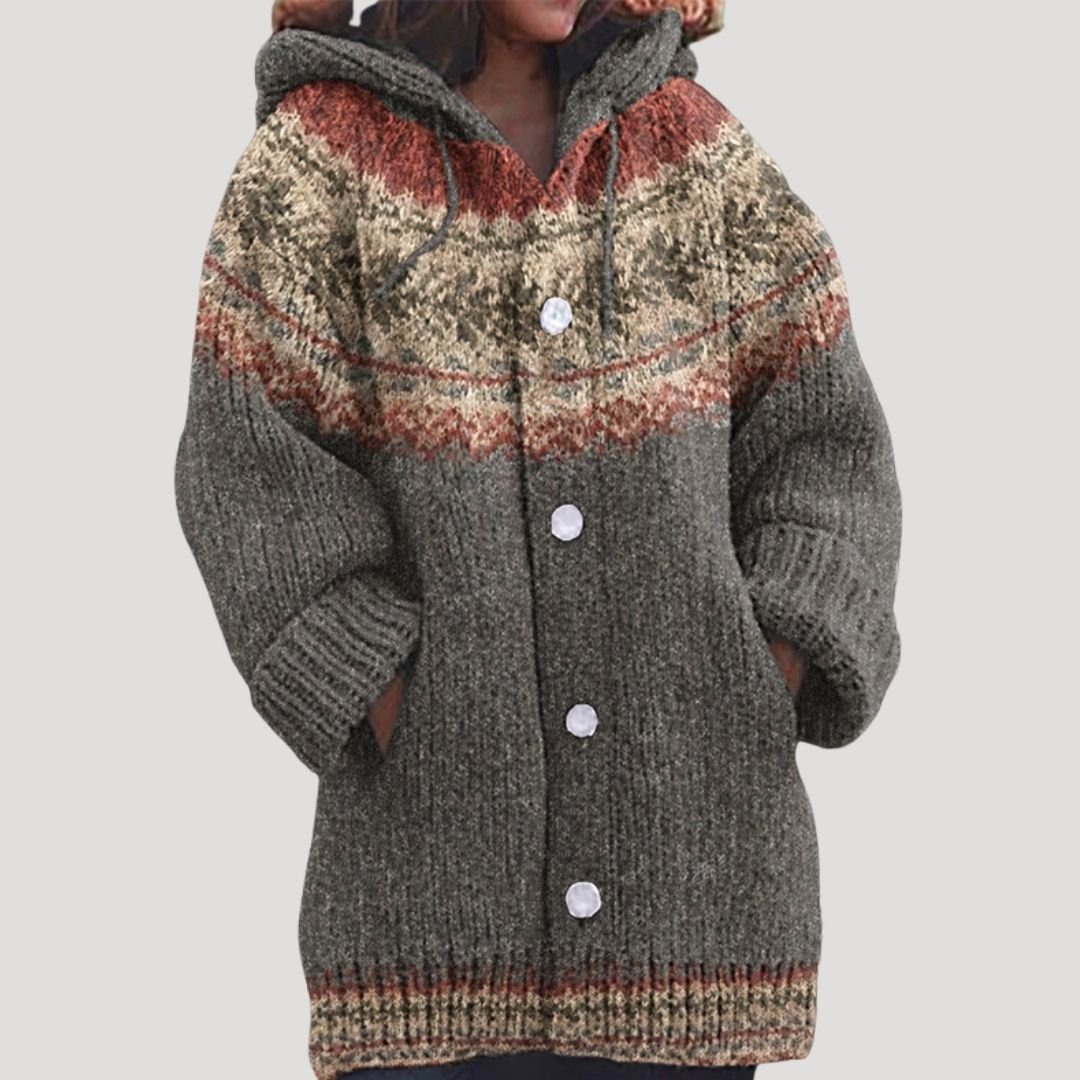 Casaco de malha feminino com padrão Fair Isle e capuz regular fit