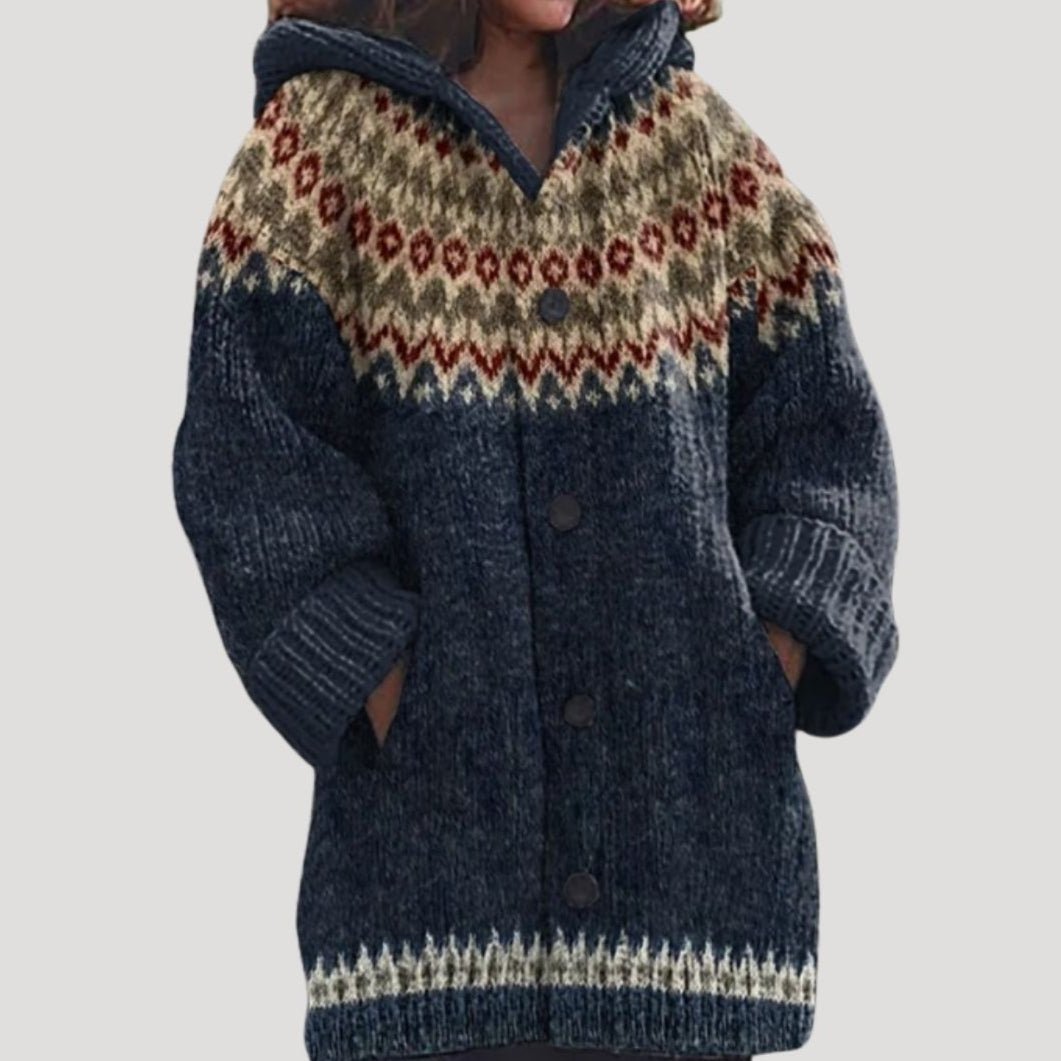 Casaco de malha feminino com padrão Fair Isle e capuz regular fit