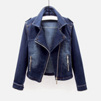 Jaqueta jeans cropped moto feminina com zíper assimétrico e cinto