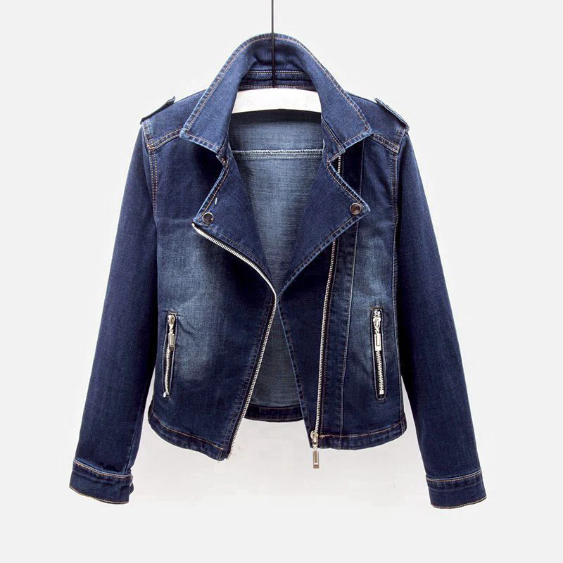 Jaqueta jeans cropped moto feminina com zíper assimétrico e cinto