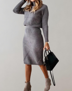 Conjunto feminino tricot gola alta com saia slim, malha premium outono inverno