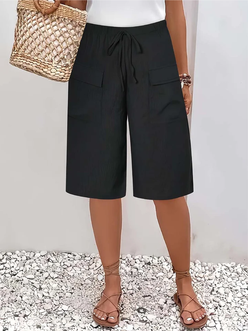 Calções femininos cintura elástica com cordão ajustável corte regular
