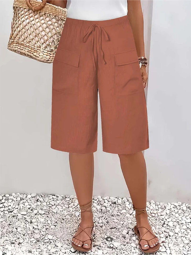 Calções femininos cintura elástica com cordão ajustável corte regular