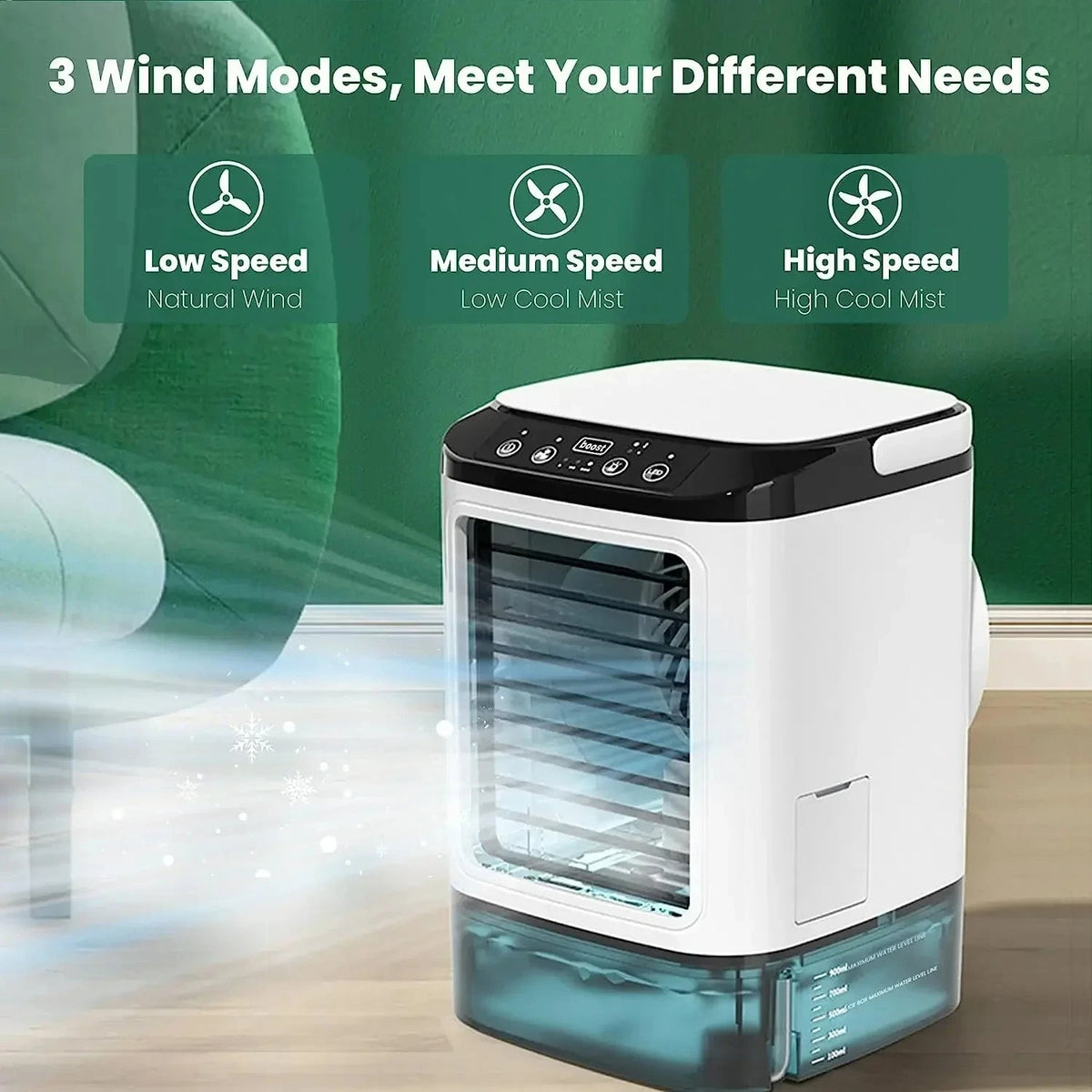 Ar condicionado portátil com névoa ultrassônica e 3 velocidades, mini climatizador LED