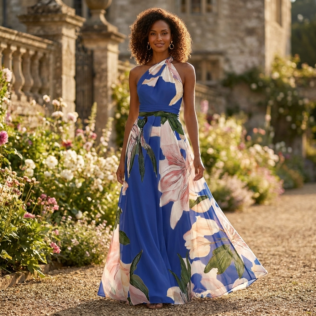 Vestido longo feminino estampado assimétrico halter com silhueta drapeada maxi