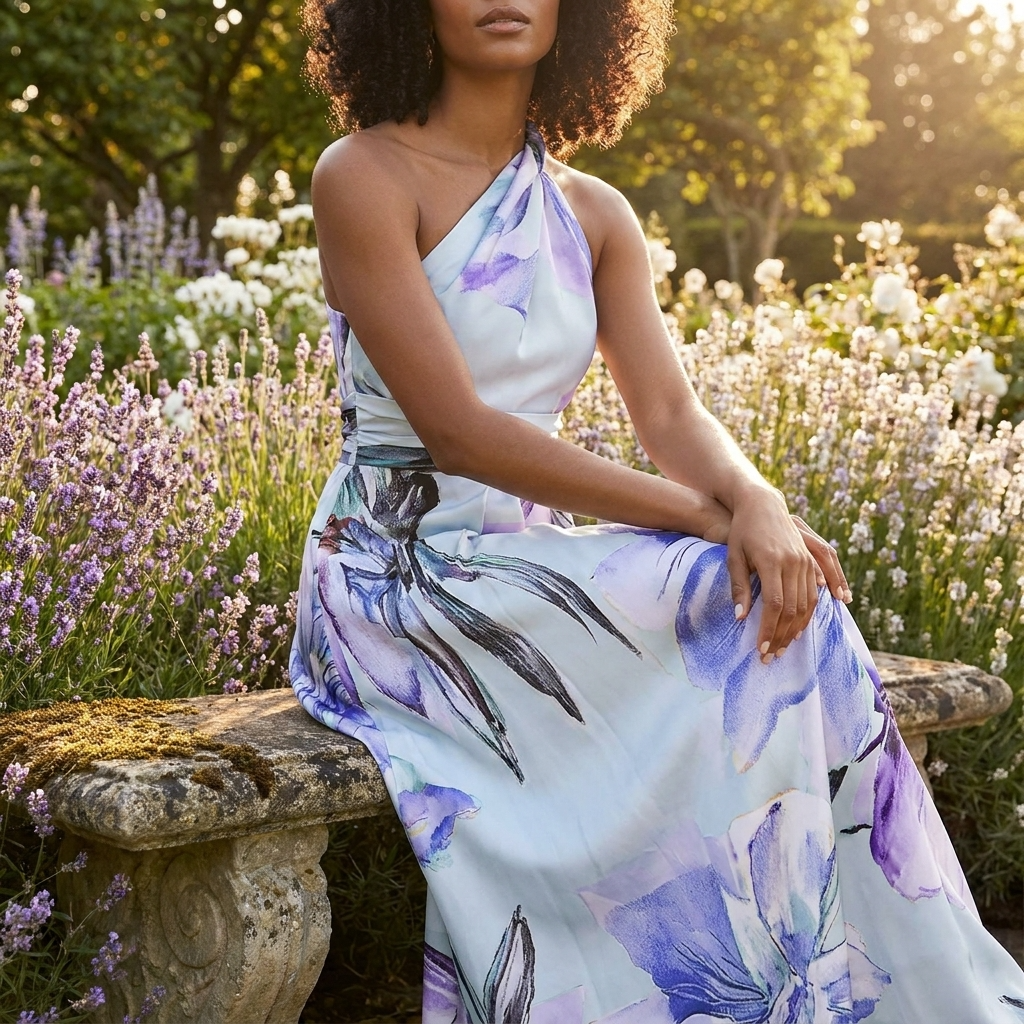 Vestido longo feminino estampado assimétrico halter com silhueta drapeada maxi