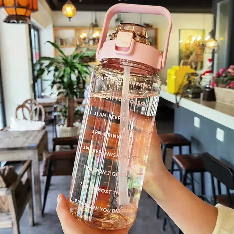 Garrafa de água 2L com canudo e marcação de tempo, para desporto e fitness, sem BPA
