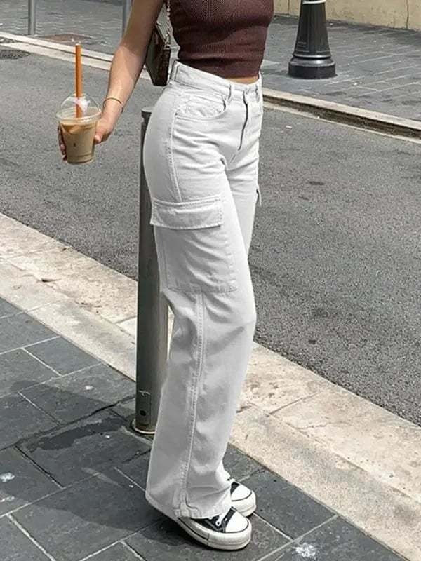Calças cargo jeans femininas com multibolsos corte casual