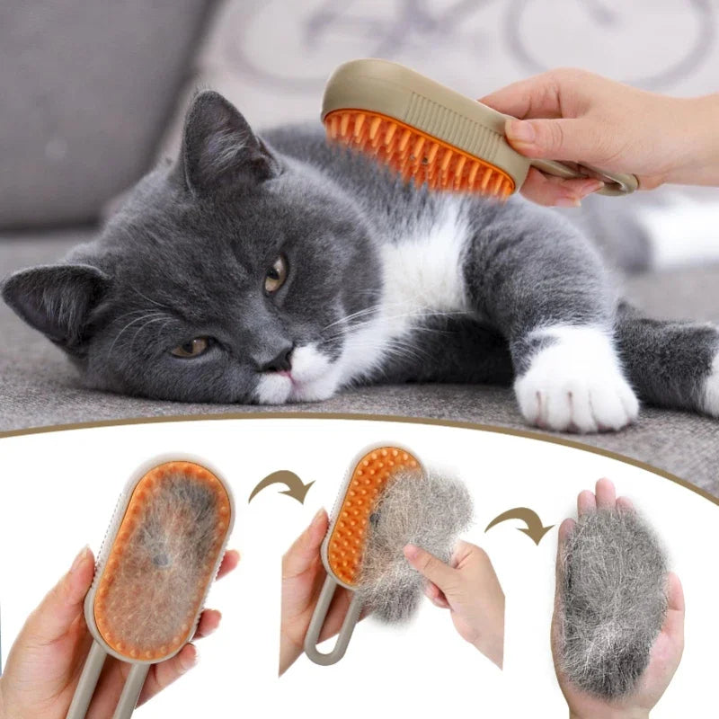 Escova a Vapor 3 em 1 para Pets com massagem, antipelos e spray integrado em ABS