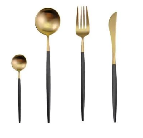 Conjunto de talheres 24 peças aço inoxidável com acabamento ouro e prata, alto brilho