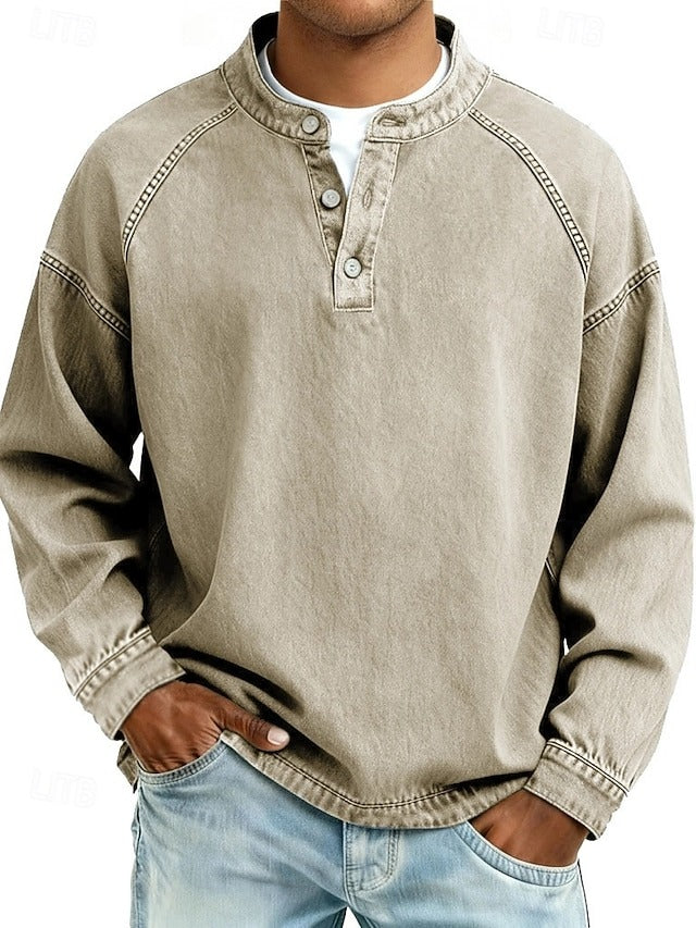 Camisa Henley masculina relaxada com acabamento vintage e decote com botões