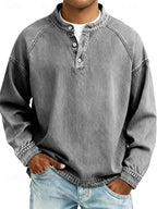 Camisa Henley masculina relaxada com acabamento vintage e decote com botões