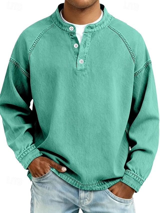 Camisa Henley masculina relaxada com acabamento vintage e decote com botões
