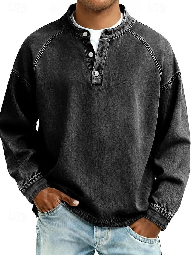 Camisa Henley masculina relaxada com acabamento vintage e decote com botões