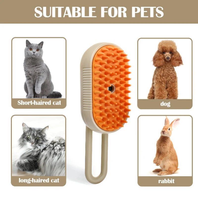Escova a Vapor 3 em 1 para Pets com massagem, antipelos e spray integrado em ABS