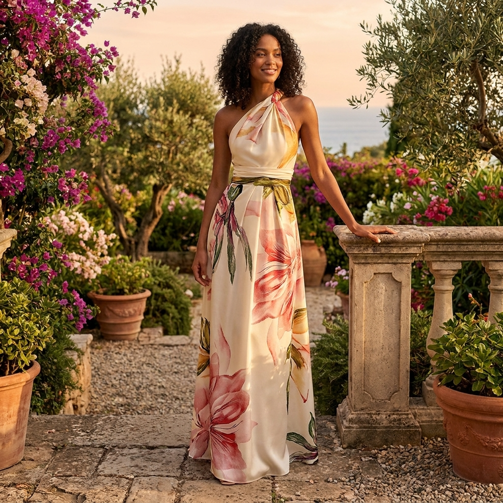 Vestido longo feminino estampado assimétrico halter com silhueta drapeada maxi