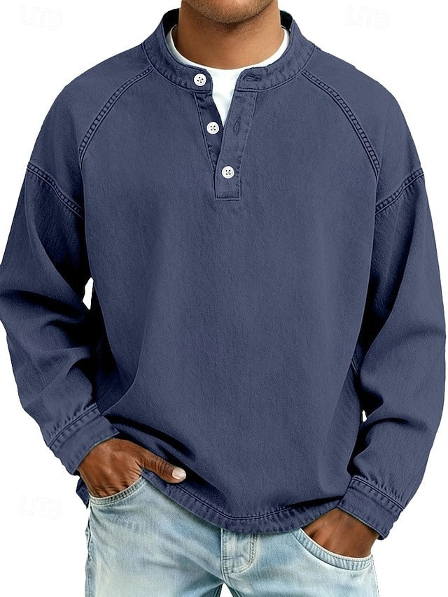 Camisa Henley masculina relaxada com acabamento vintage e decote com botões