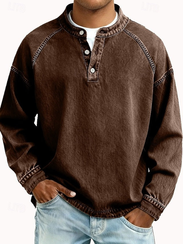 Camisa Henley masculina relaxada com acabamento vintage e decote com botões