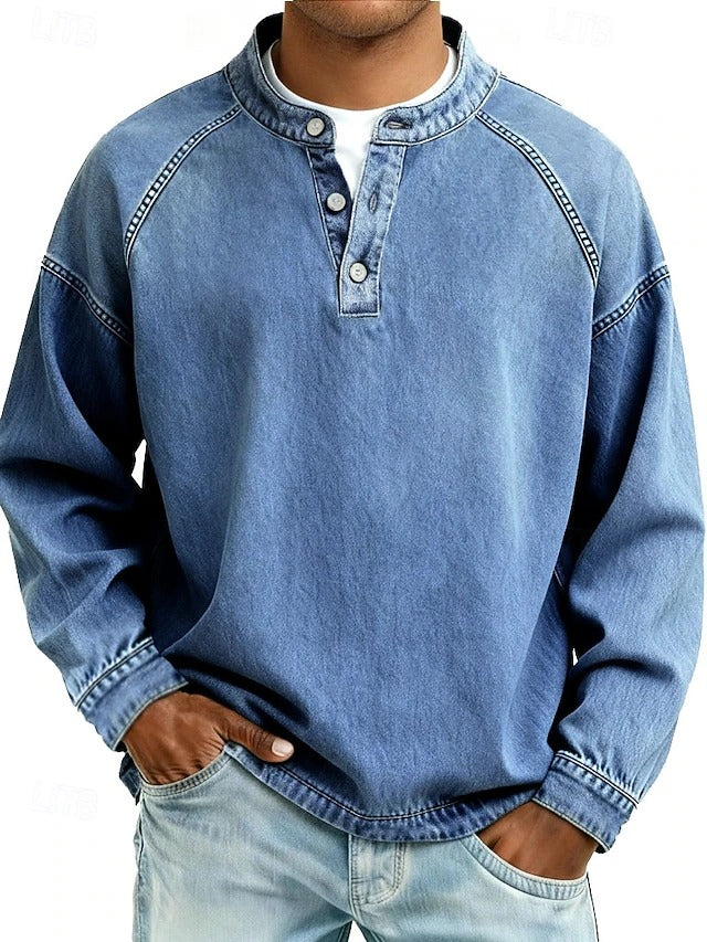 Camisa Henley masculina relaxada com acabamento vintage e decote com botões