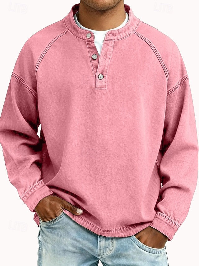 Camisa Henley masculina relaxada com acabamento vintage e decote com botões