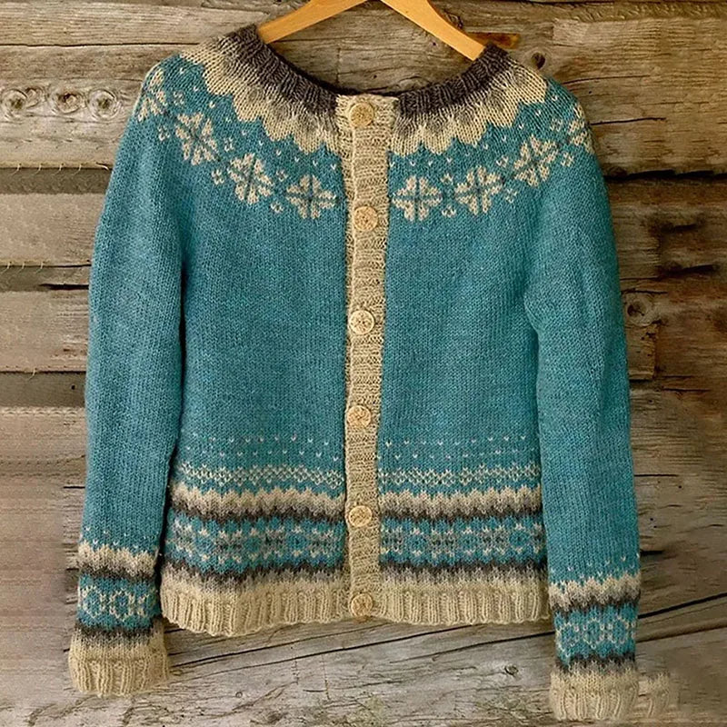 Cardigan islandês vintage feminino tricotado à mão com padrão nórdico vibrante