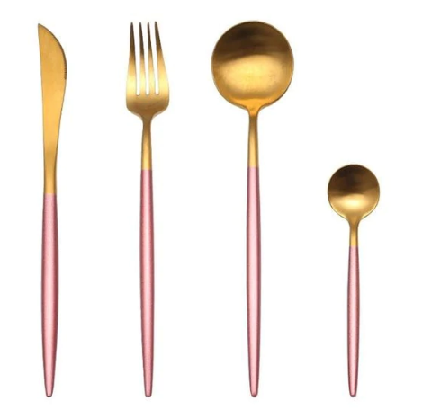 Conjunto de talheres 24 peças aço inoxidável com acabamento ouro e prata, alto brilho