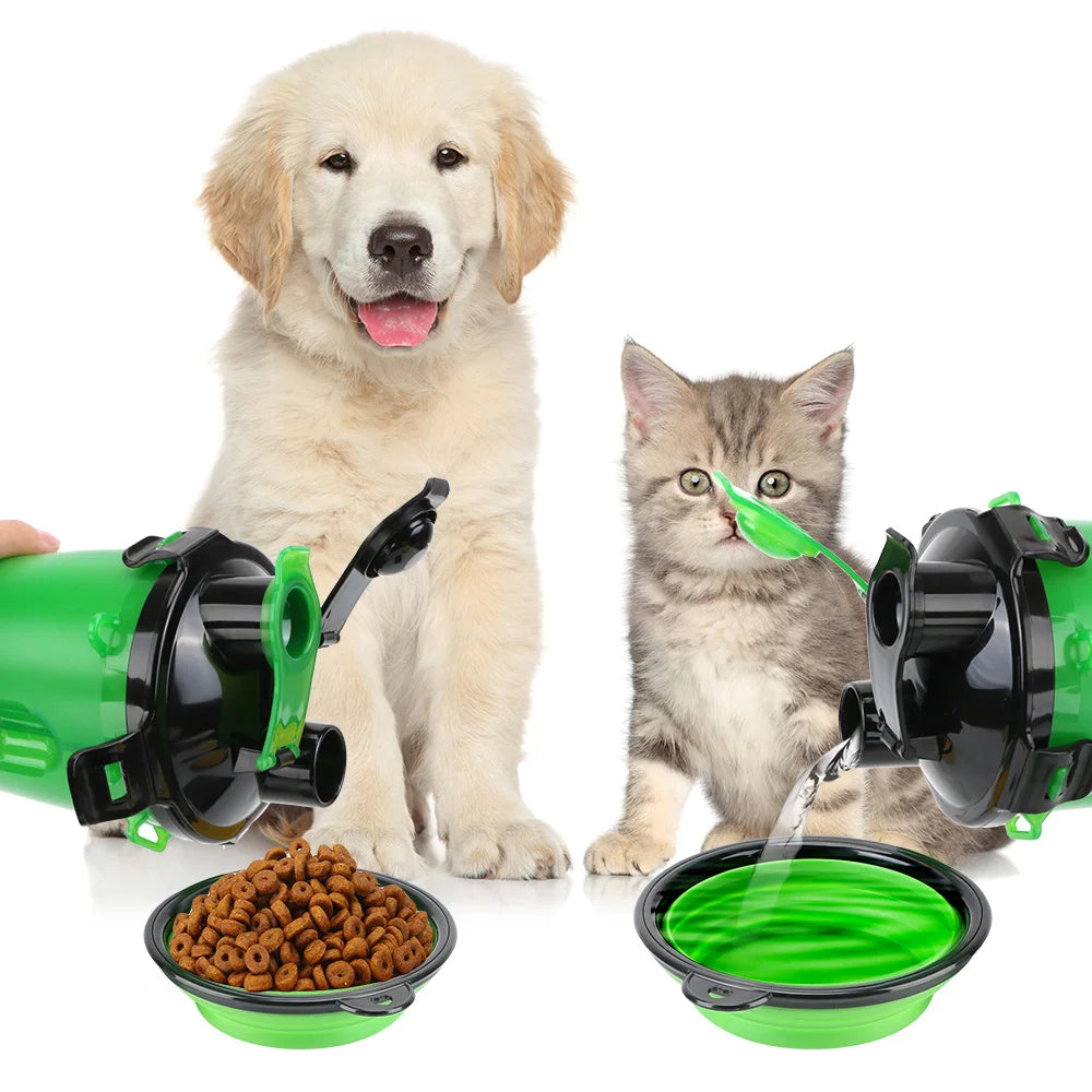 Garrafa de água para cães 2 em 1 dobrável em silicone com alimentador portátil