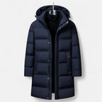 Parka acolchoada longa homem com capuz e fecho zip