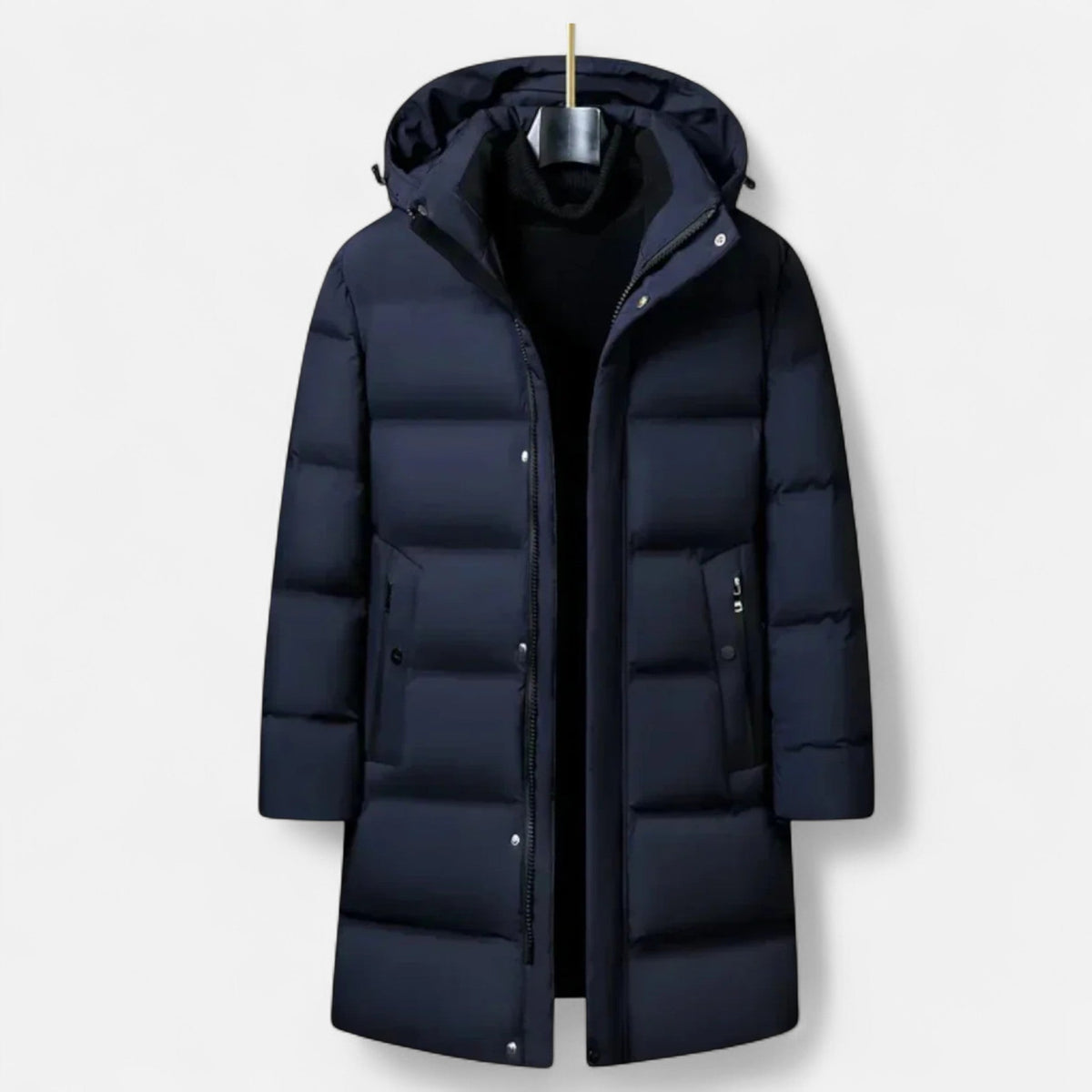 Parka acolchoada longa homem com capuz e fecho zip