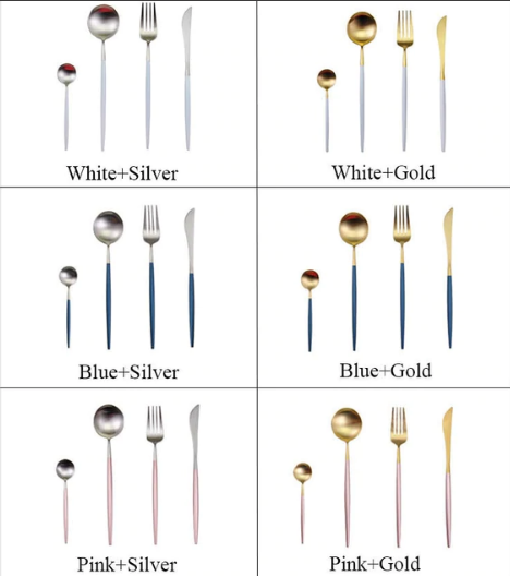 Conjunto de talheres 24 peças aço inoxidável com acabamento ouro e prata, alto brilho
