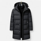 Parka acolchoada longa homem com capuz e fecho zip