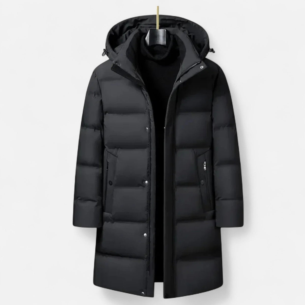 Parka acolchoada longa homem com capuz e fecho zip