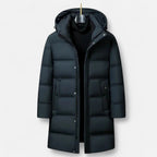 Parka acolchoada longa homem com capuz e fecho zip