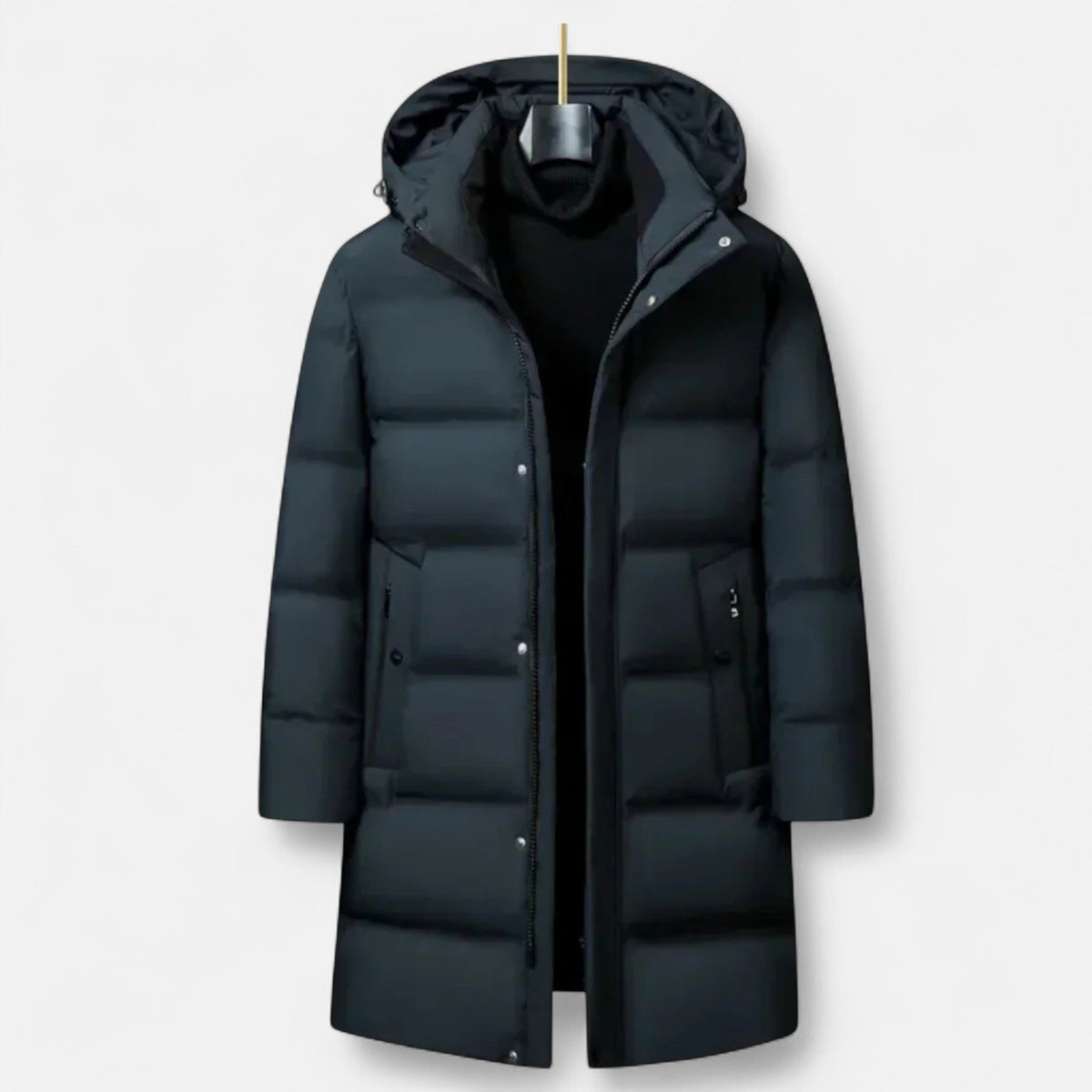 Parka acolchoada longa homem com capuz e fecho zip