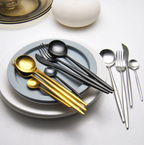 Conjunto de talheres 24 peças aço inoxidável com acabamento ouro e prata, alto brilho