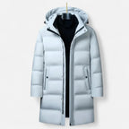 Parka acolchoada longa homem com capuz e fecho zip