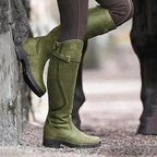 Botas impermeáveis femininas com fivelas decorativas abaixo do joelho