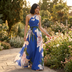 Vestido longo feminino estampado assimétrico halter com silhueta drapeada maxi