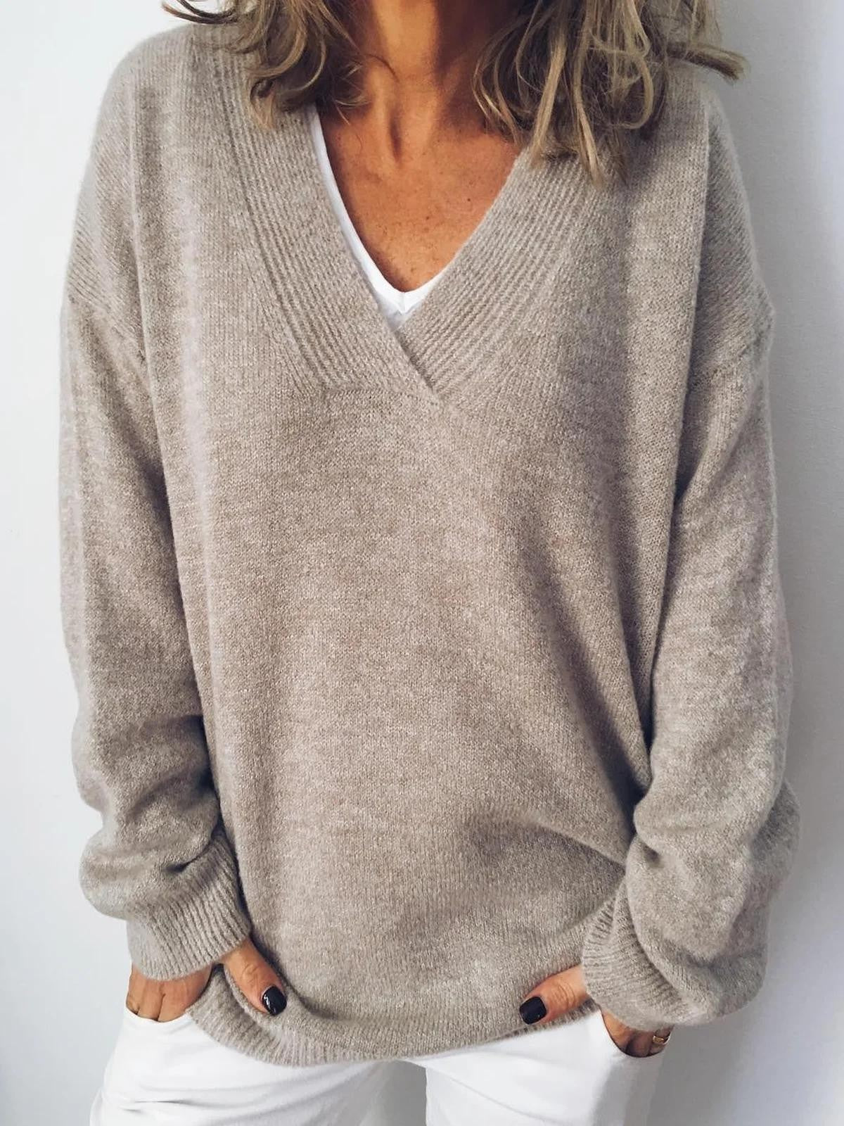 Camisola malha decote V manga comprida corte relaxed tom alperce