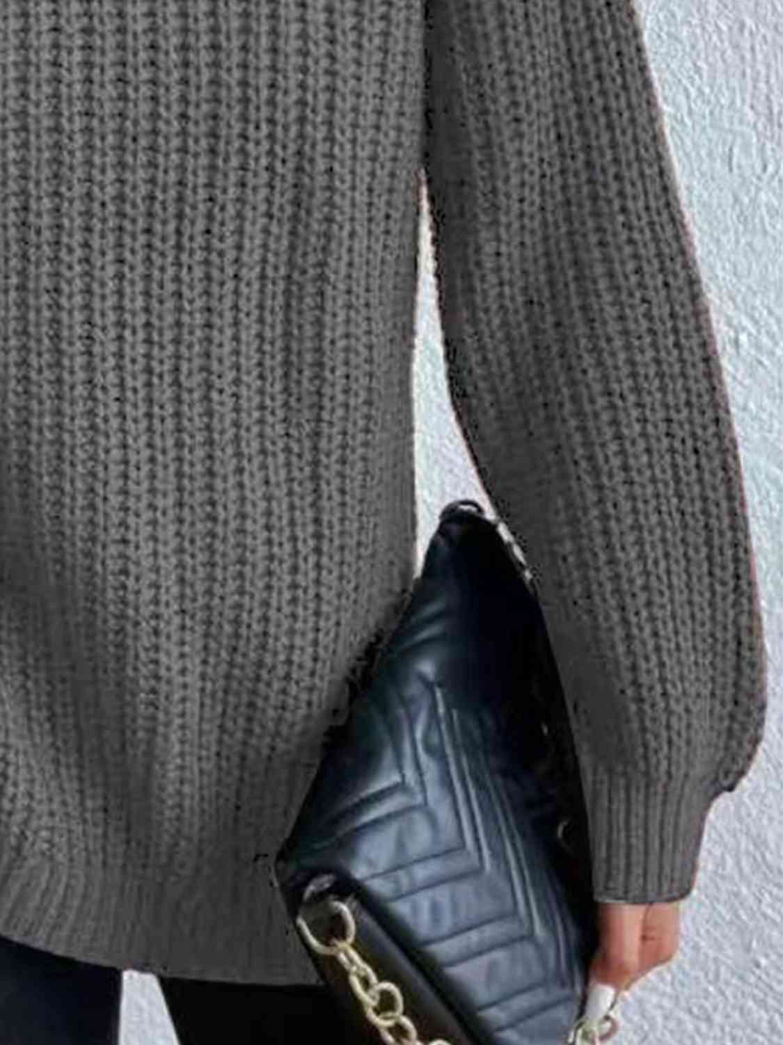 Camisola feminina gola alta canelada com fenda lateral outono inverno