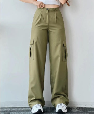 Calças cargo jeans femininas com multibolsos corte casual