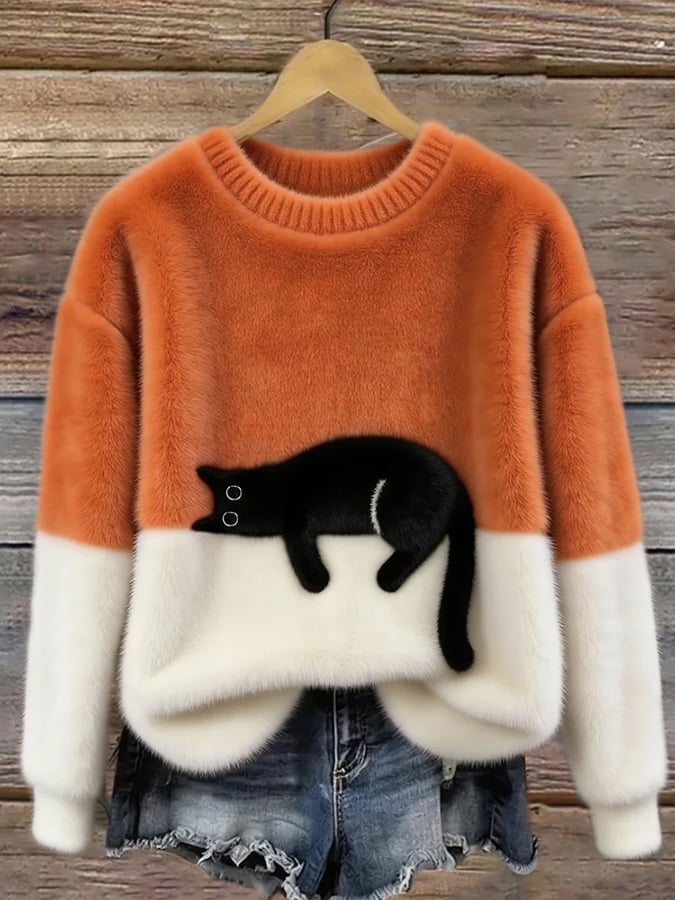 Camisola de malha color block com motivo de gato, corte relaxado verde e branco