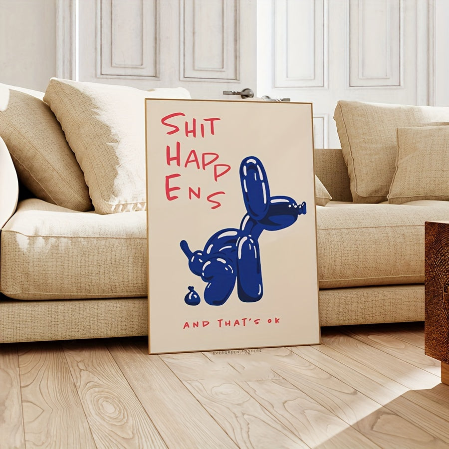Poster em tela sem moldura com tipografia azul e vermelha e cão balão, estilo moderno