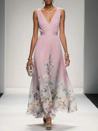Vestido floral convidada de casamento com decote V e silhueta evasê fluida
