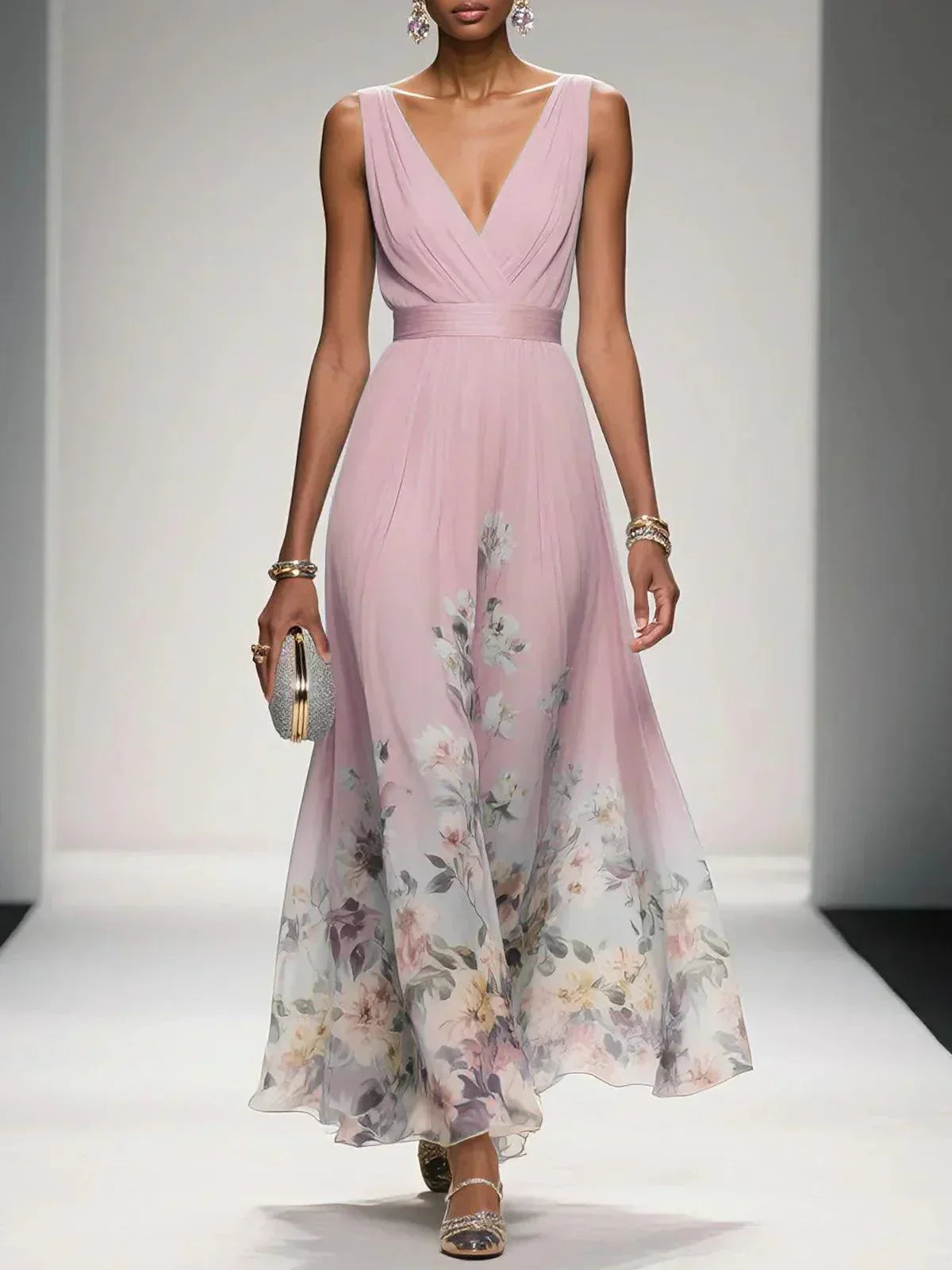 Vestido floral convidada de casamento com decote V e silhueta evasê fluida
